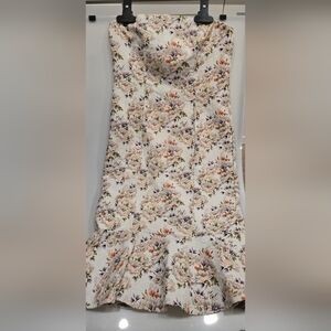 Elegant Strapless Floral Dress - Cream and Orange